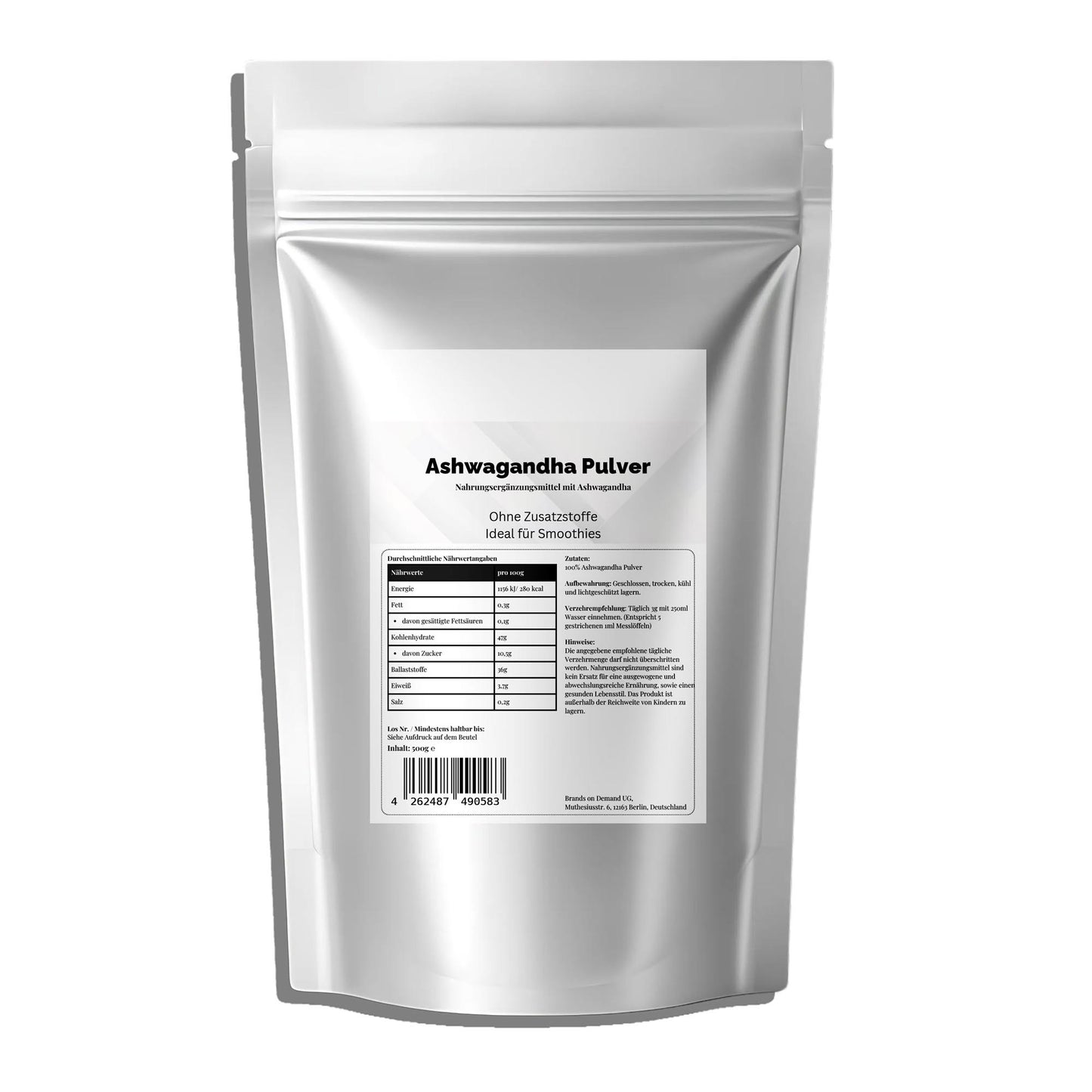 Ashwagandha Pulver – 100 % rein & hochdosiert – 500 g im praktischen Doypack 🌿
